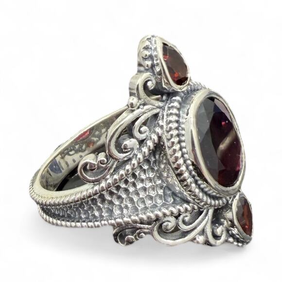 Natural Rhodolite Red Garnet Ring Hammered 925 Sterling Silver Size 9 Handmade - Picture 3 of 8